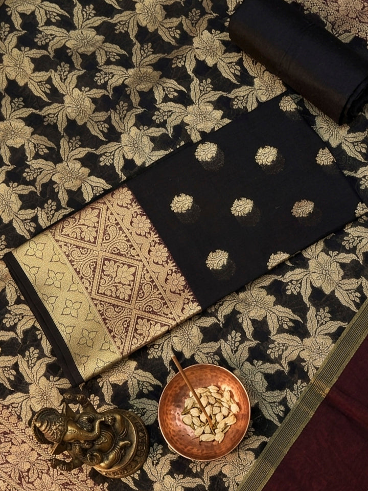 Black Printed Chanderi Unstitched Dress Material