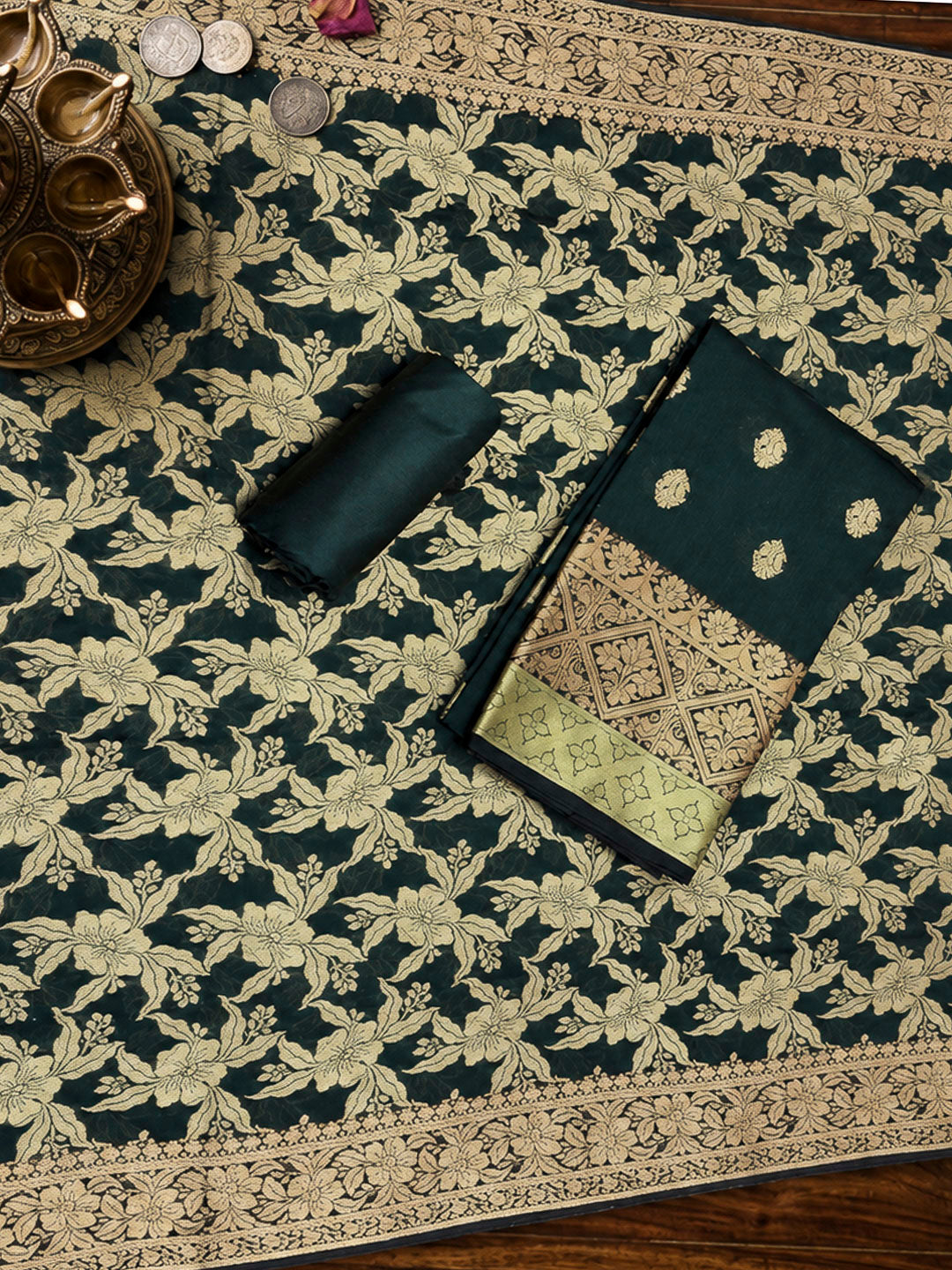 Bottle Green Printed Chanderi Unstitched Dress Material
