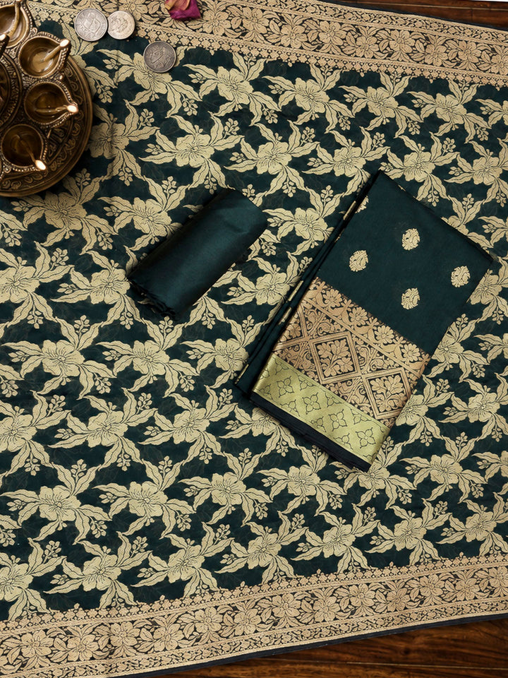 Bottle Green Printed Chanderi Unstitched Dress Material