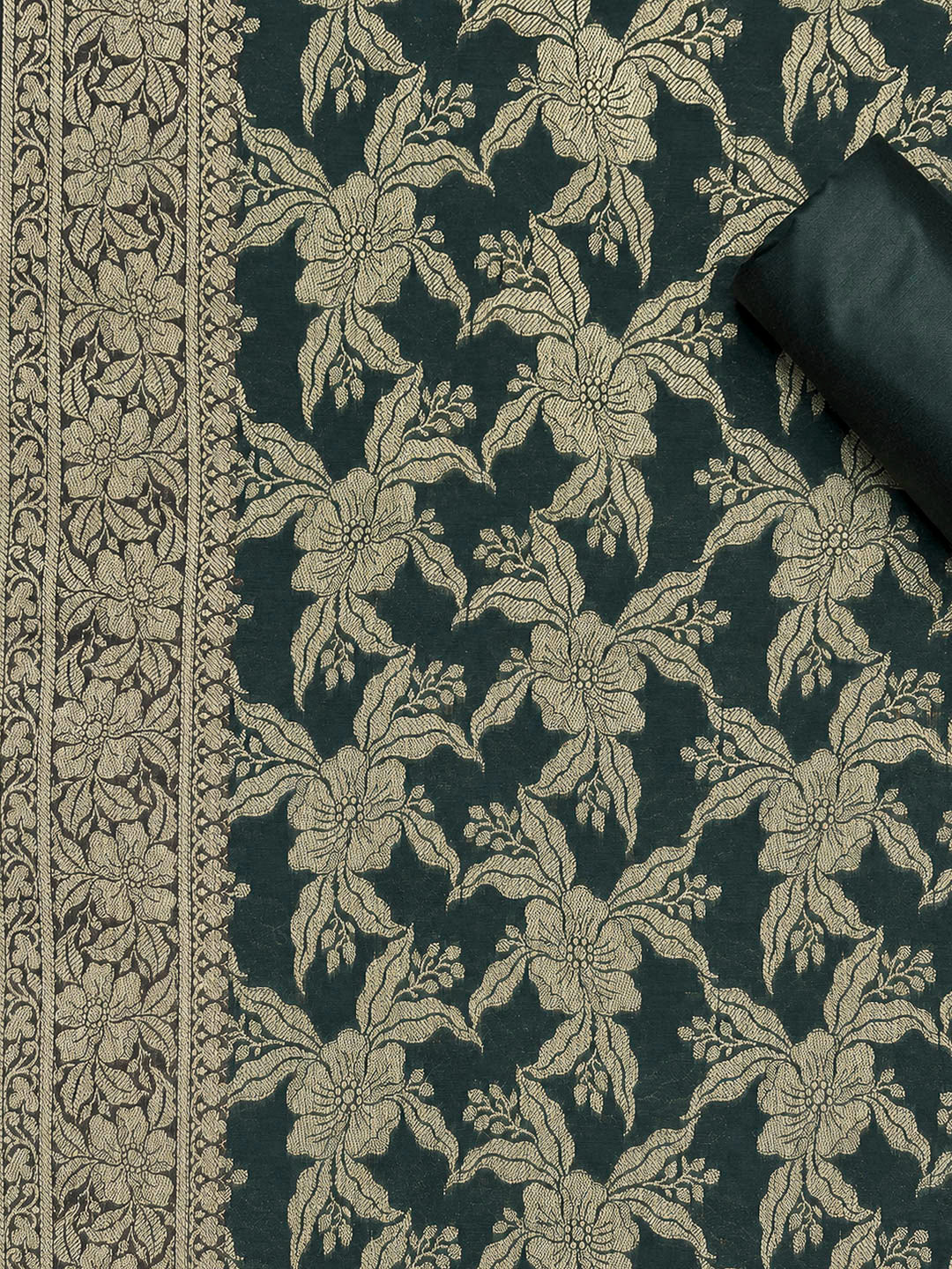 Bottle Green Printed Chanderi Unstitched Dress Material