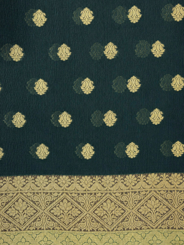 Bottle Green Printed Chanderi Unstitched Dress Material