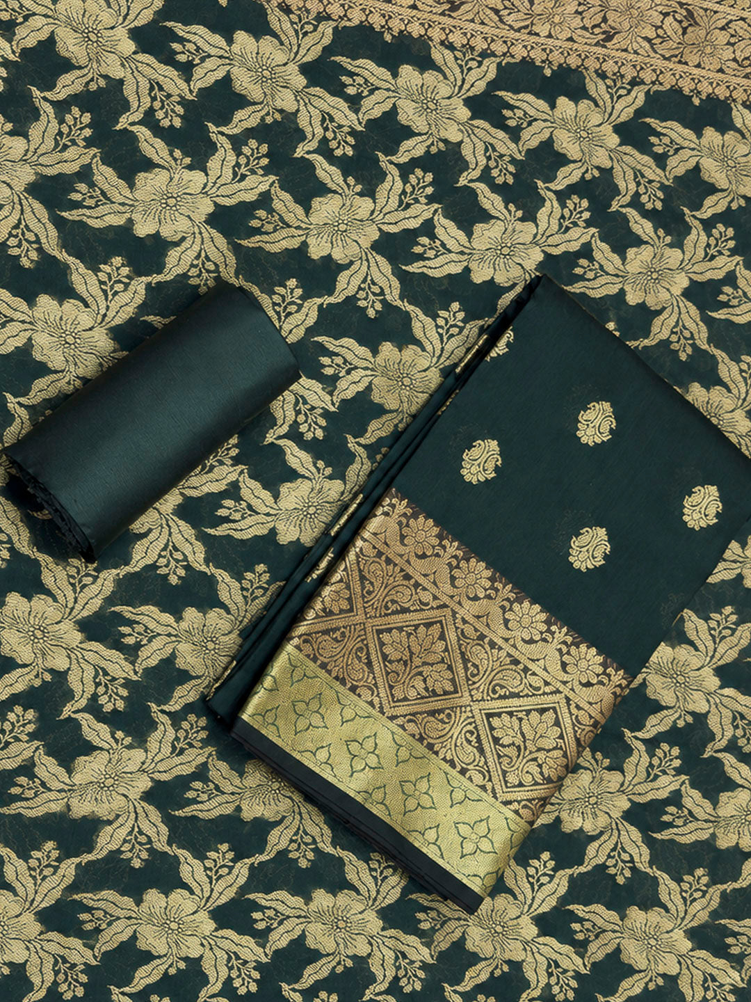 Bottle Green Printed Chanderi Unstitched Dress Material