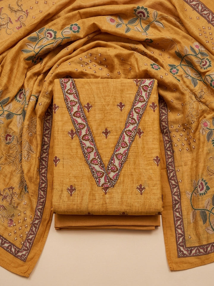 Mustard Embroidered Chanderi Unstitched Suit &amp; Pant With Chanderi Dupatta