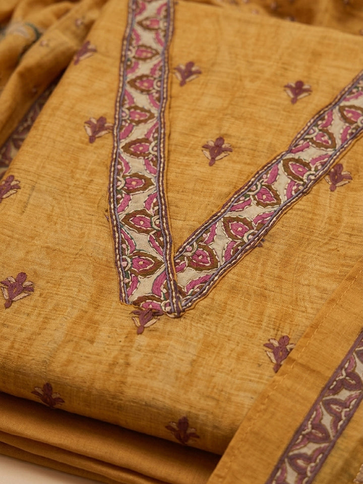 Mustard Embroidered Chanderi Unstitched Suit &amp; Pant With Chanderi Dupatta