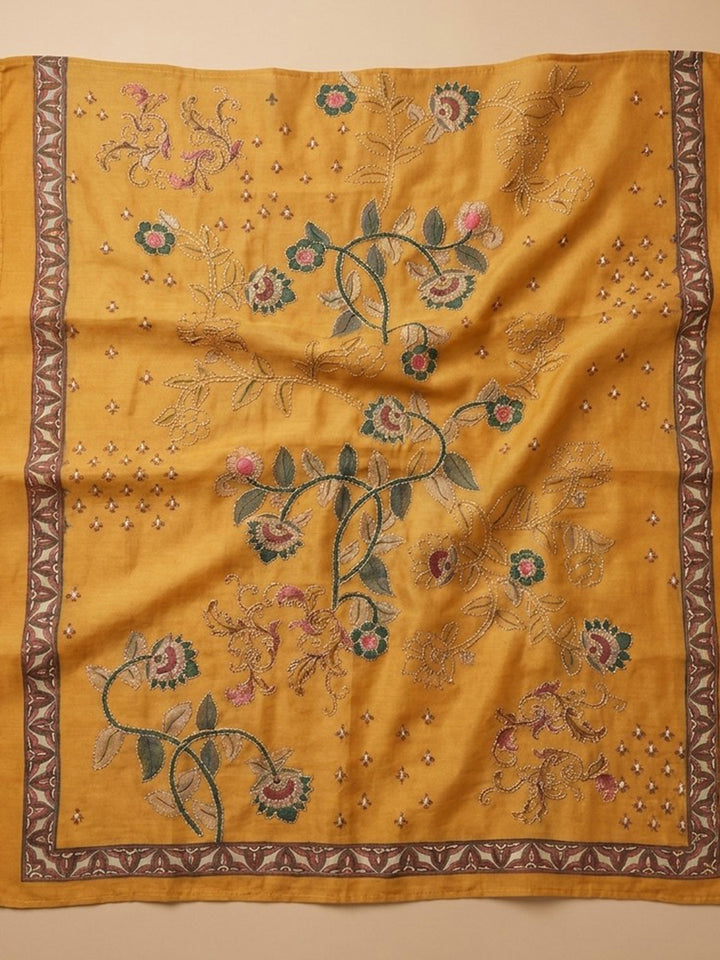 Mustard Embroidered Chanderi Unstitched Suit &amp; Pant With Chanderi Dupatta