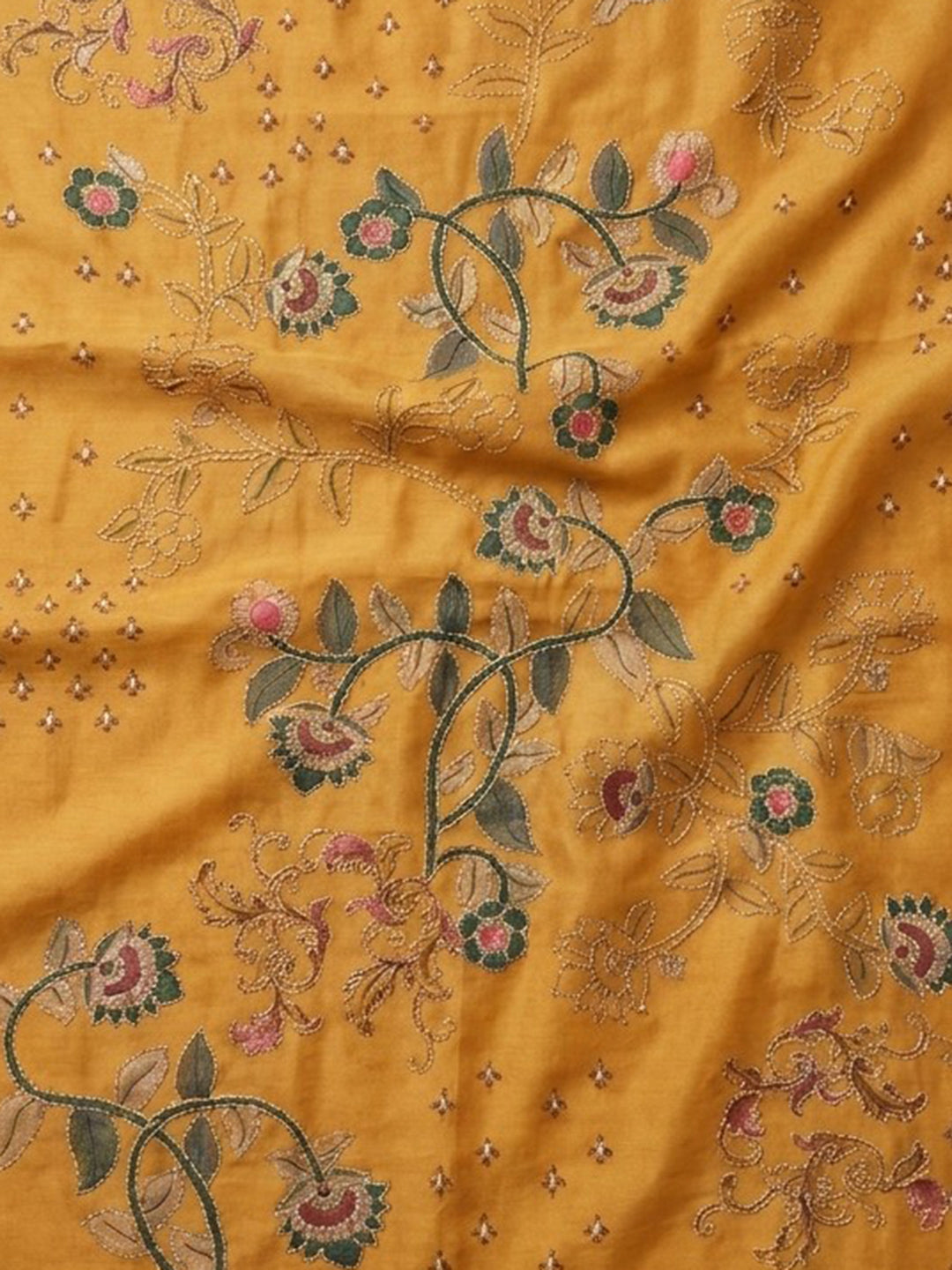 Mustard Embroidered Chanderi Unstitched Suit &amp; Pant With Chanderi Dupatta