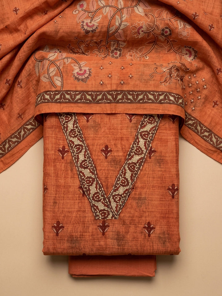 Orange Embroidered Chanderi Unstitched Suit &amp; Pant With Chanderi Dupatta