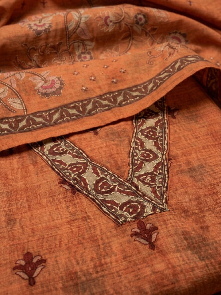 Orange Embroidered Chanderi Unstitched Suit &amp; Pant With Chanderi Dupatta