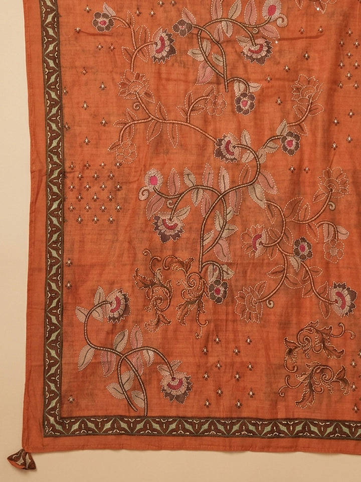 Orange Embroidered Chanderi Unstitched Suit &amp; Pant With Chanderi Dupatta