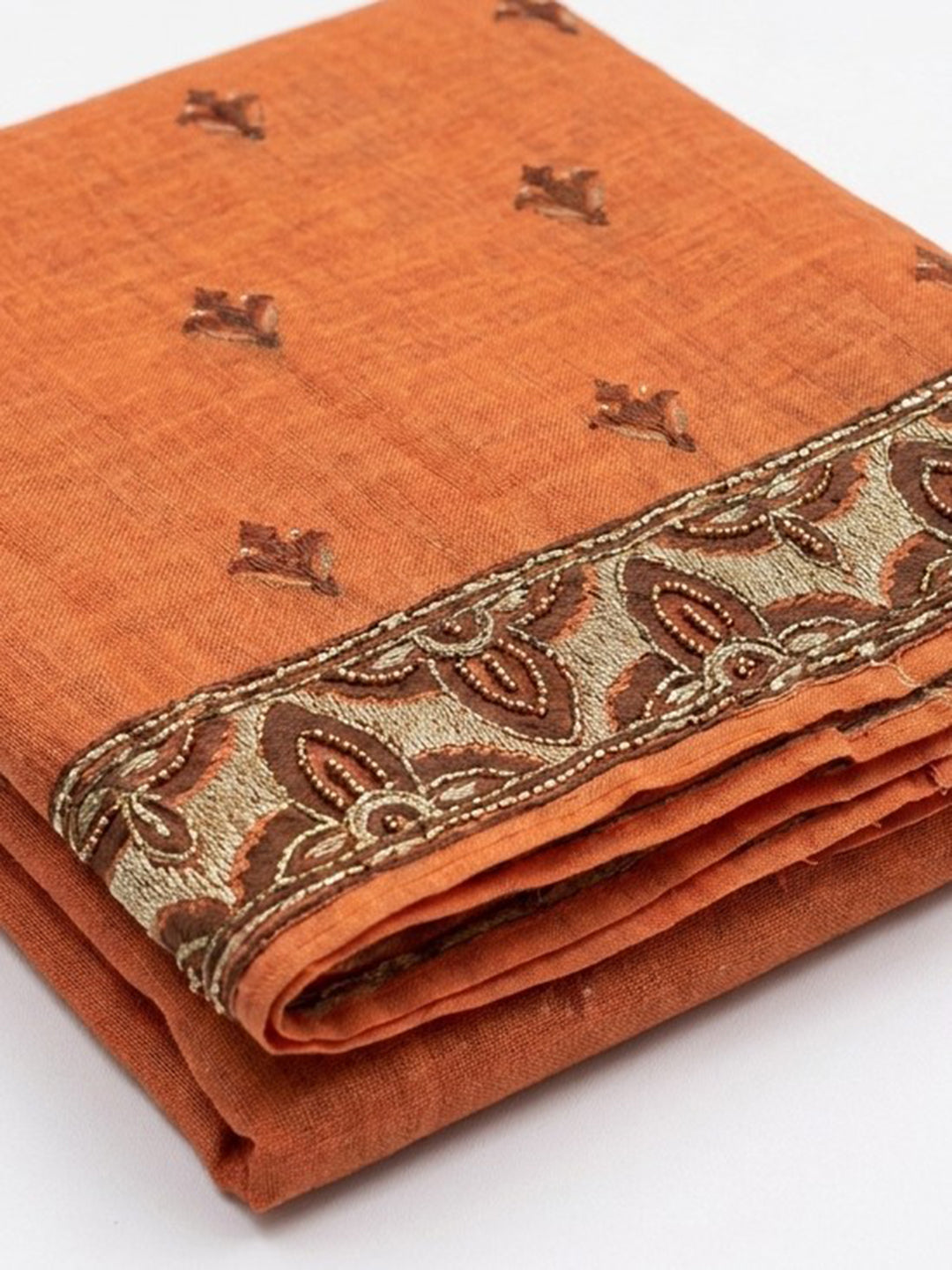Orange Embroidered Chanderi Unstitched Suit &amp; Pant With Chanderi Dupatta