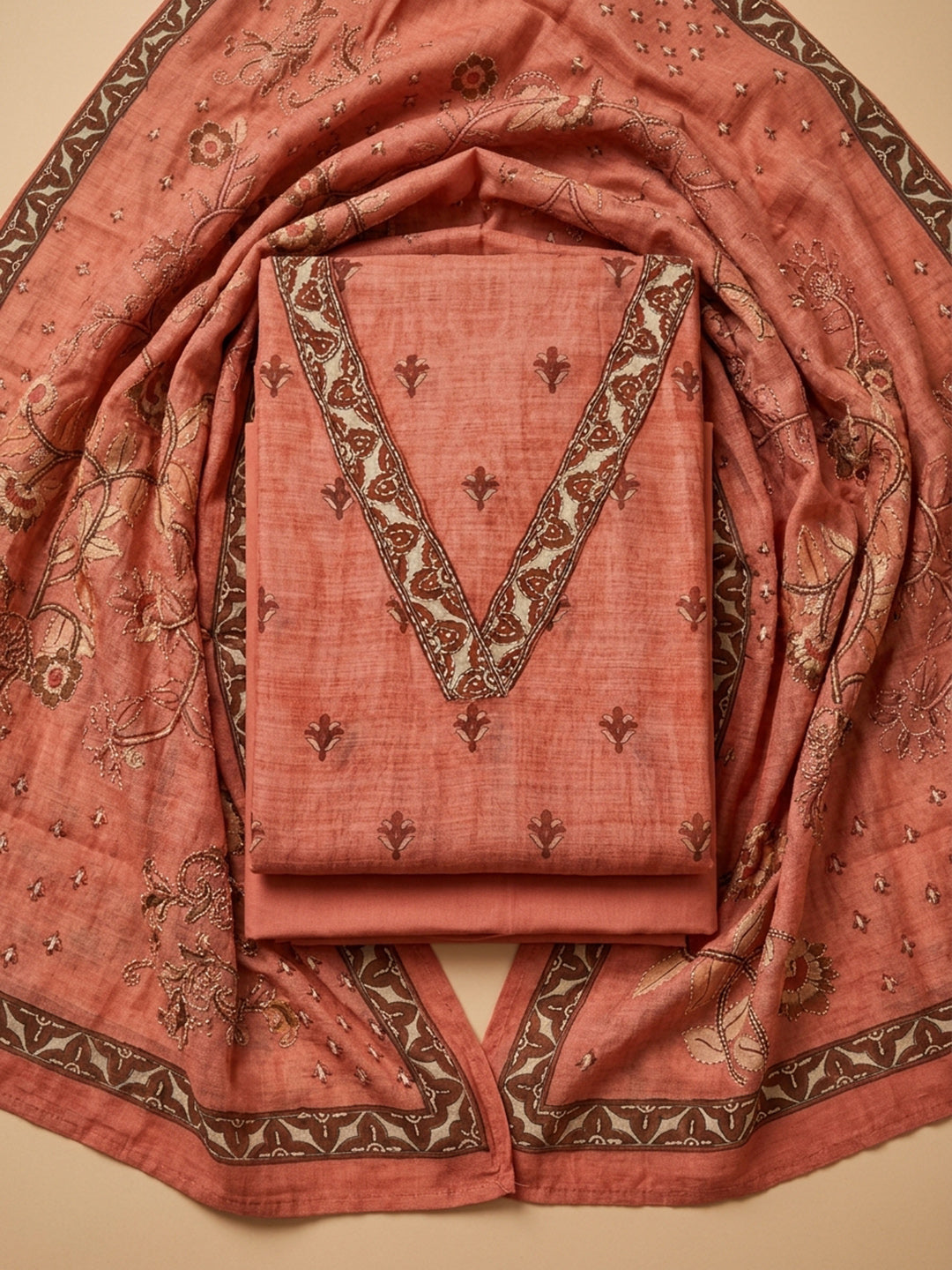 Peach Embroidered Chanderi Unstitched Suit &amp; Pant With Chanderi Dupatta