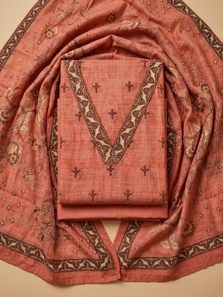 Peach Embroidered Chanderi Unstitched Suit &amp; Pant With Chanderi Dupatta