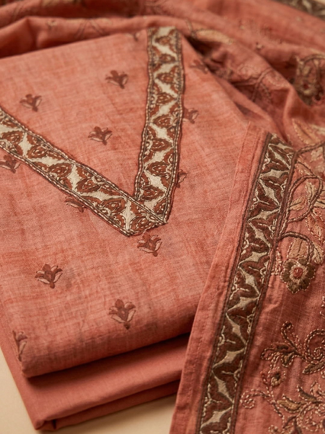 Peach Embroidered Chanderi Unstitched Suit &amp; Pant With Chanderi Dupatta