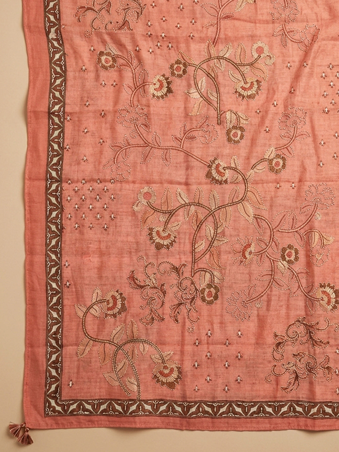 Peach Embroidered Chanderi Unstitched Suit &amp; Pant With Chanderi Dupatta