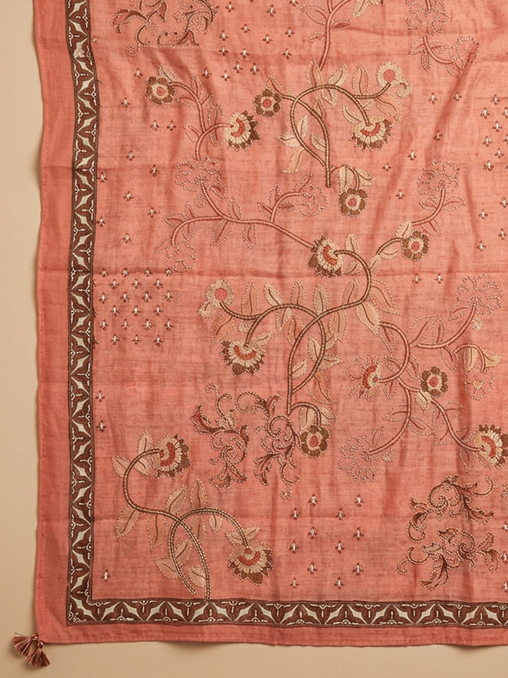 Peach Embroidered Chanderi Unstitched Suit &amp; Pant With Chanderi Dupatta