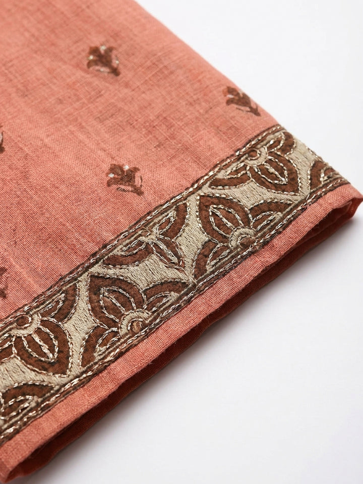 Peach Embroidered Chanderi Unstitched Suit &amp; Pant With Chanderi Dupatta