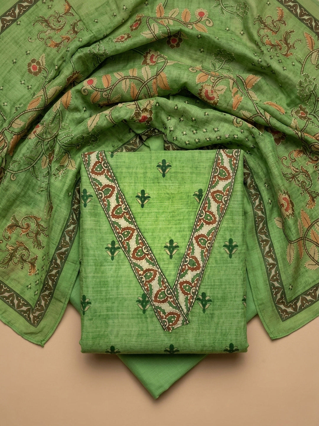 Pista Green Embroidered Chanderi Unstitched Suit &amp; Pant With Chanderi Dupatta