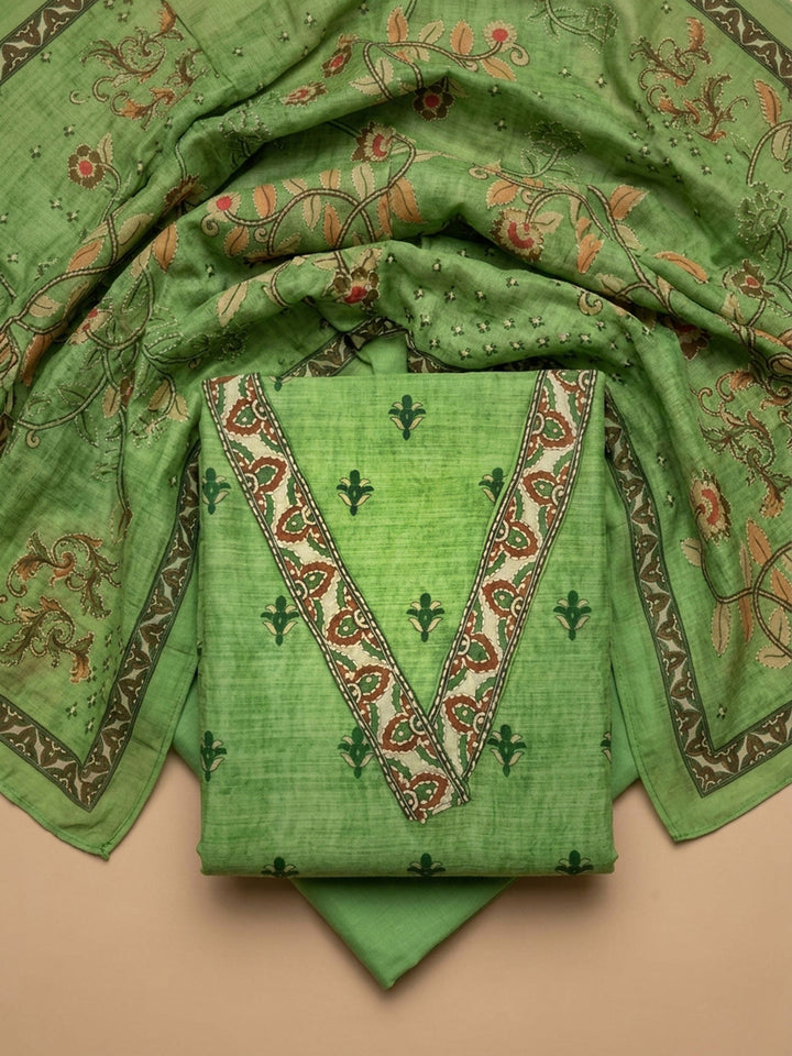 Pista Green Embroidered Chanderi Unstitched Suit &amp; Pant With Chanderi Dupatta