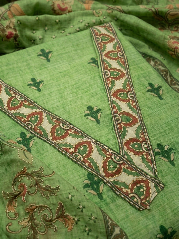 Pista Green Embroidered Chanderi Unstitched Suit &amp; Pant With Chanderi Dupatta