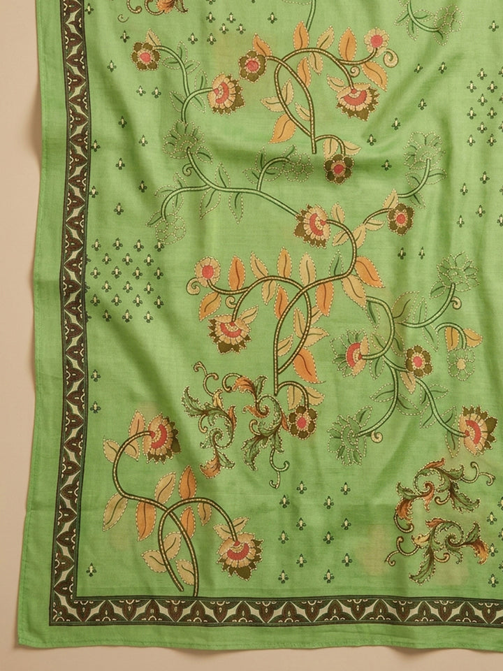 Pista Green Embroidered Chanderi Unstitched Suit &amp; Pant With Chanderi Dupatta
