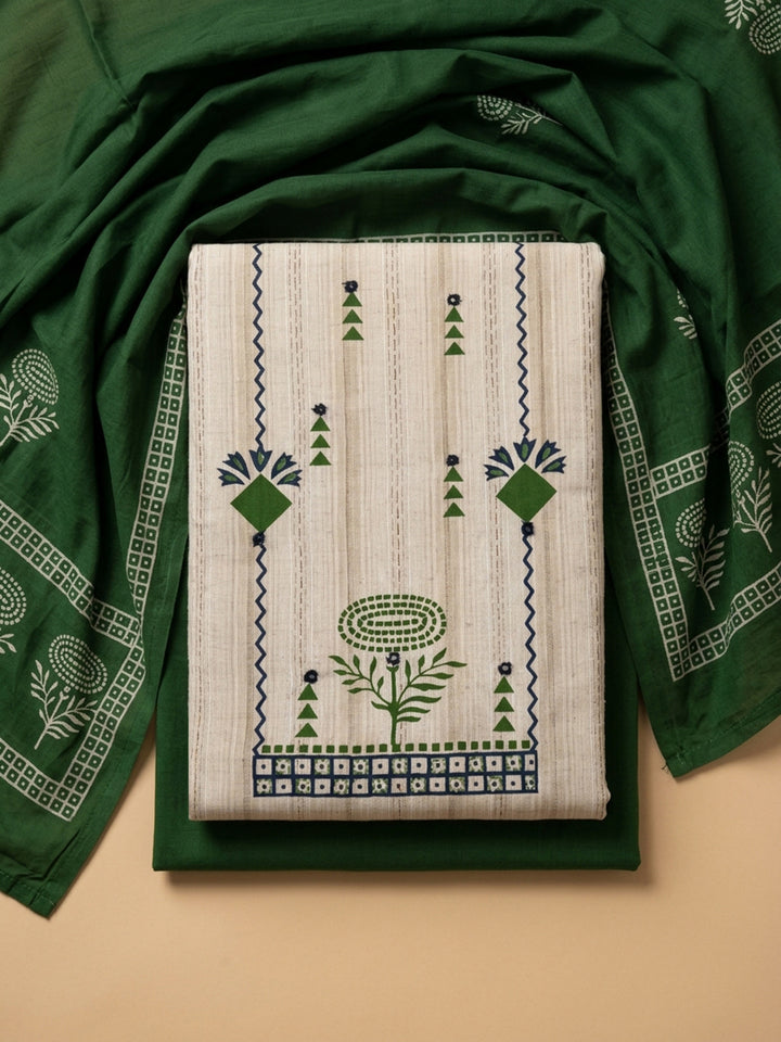 Bottle Green Printed Cotton Blend Unstitched Suit &amp; Pant With Cotton Dupatta