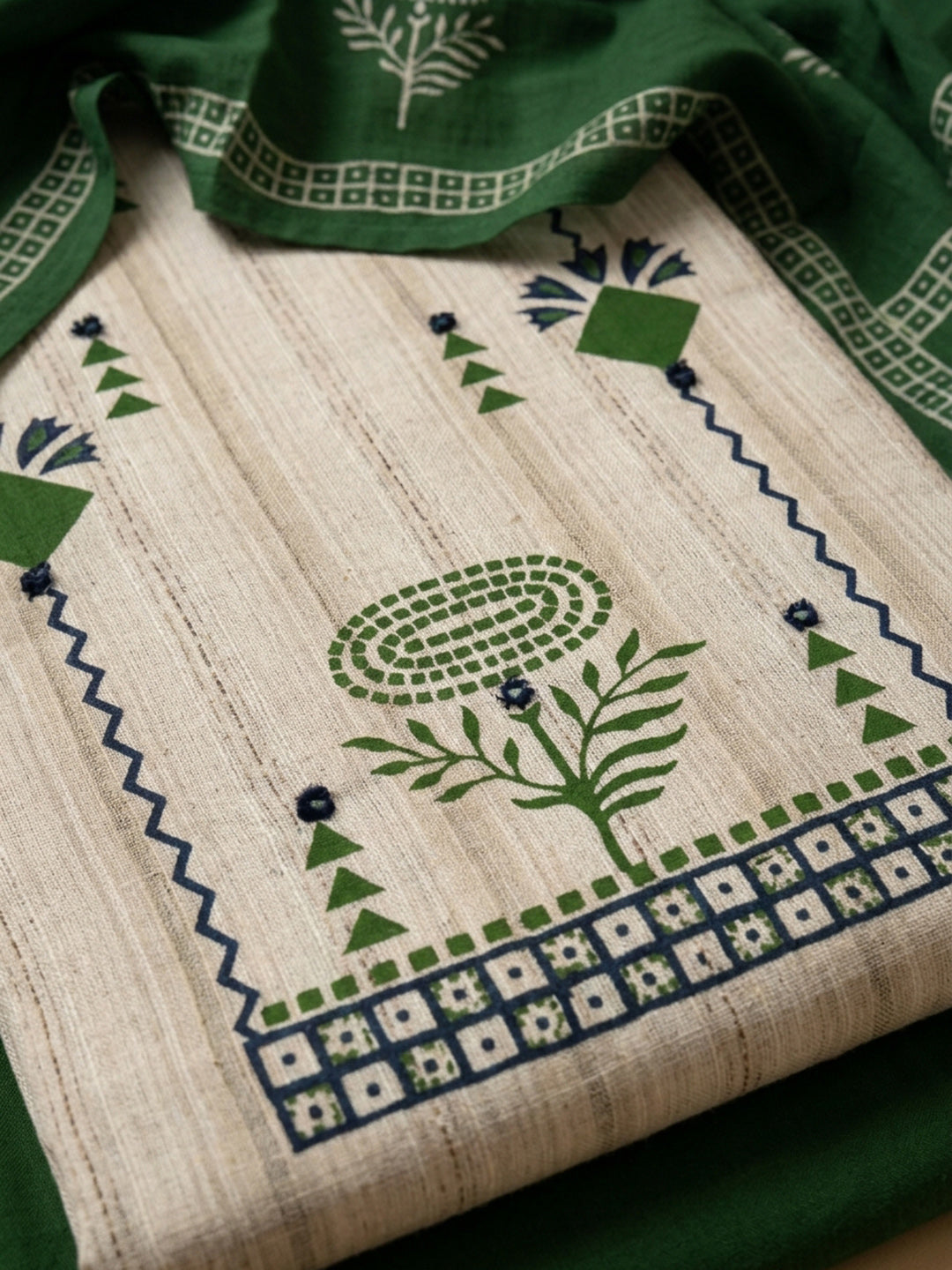 Bottle Green Printed Cotton Blend Unstitched Suit &amp; Pant With Cotton Dupatta