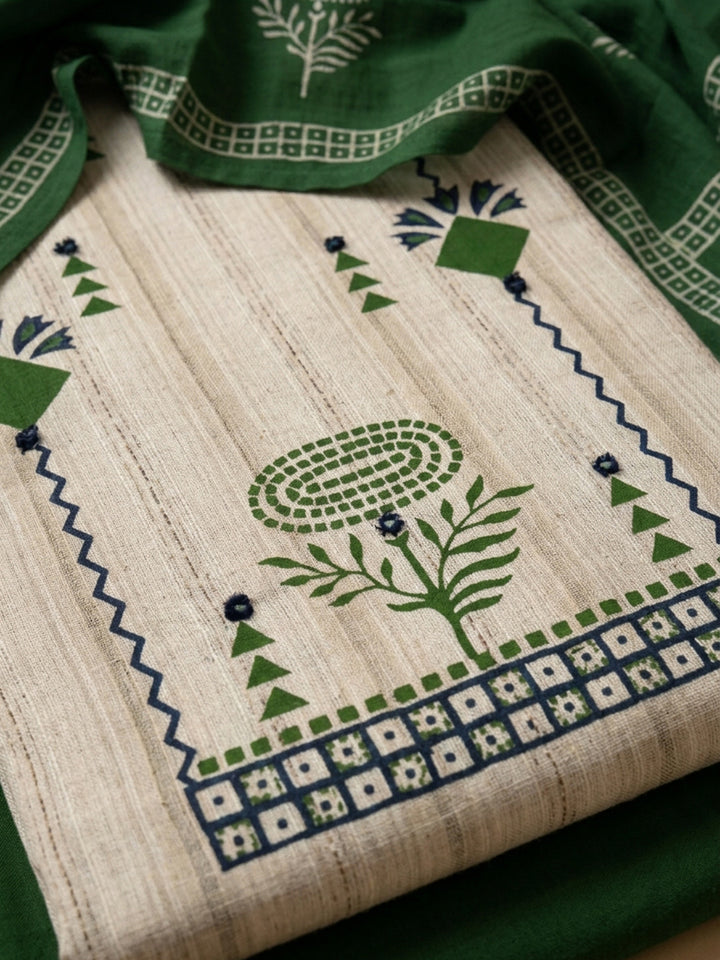 Bottle Green Printed Cotton Blend Unstitched Suit &amp; Pant With Cotton Dupatta