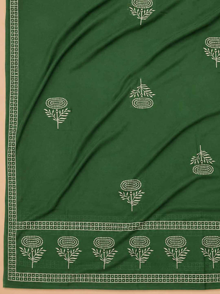 Bottle Green Printed Cotton Blend Unstitched Suit &amp; Pant With Cotton Dupatta