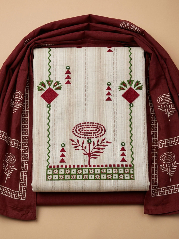 Maroon Printed Cotton Blend Unstitched Suit &amp; Pant With Cotton Dupatta