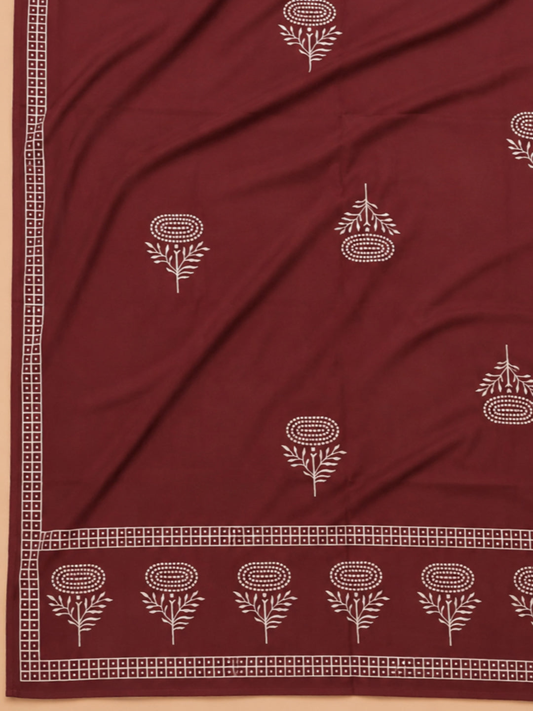 Maroon Printed Cotton Blend Unstitched Suit &amp; Pant With Cotton Dupatta