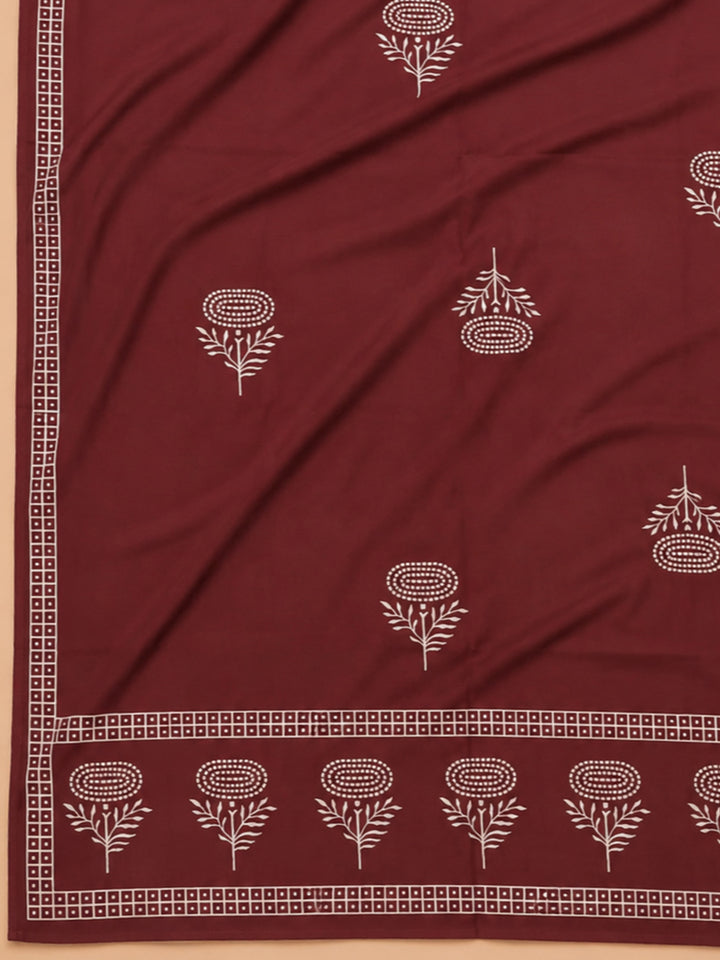 Maroon Printed Cotton Blend Unstitched Suit &amp; Pant With Cotton Dupatta