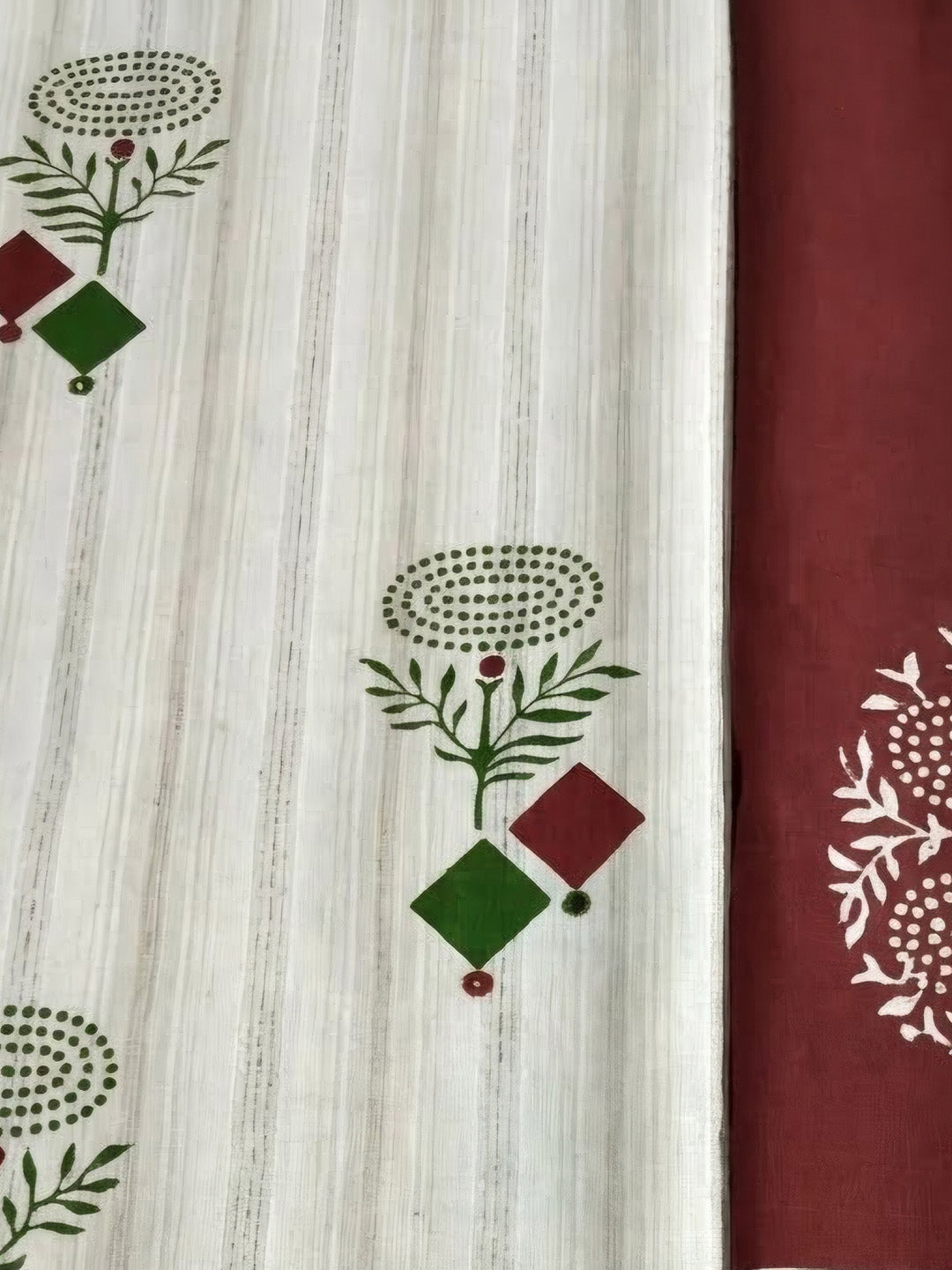 Maroon Printed Cotton Blend Unstitched Suit &amp; Pant With Cotton Dupatta