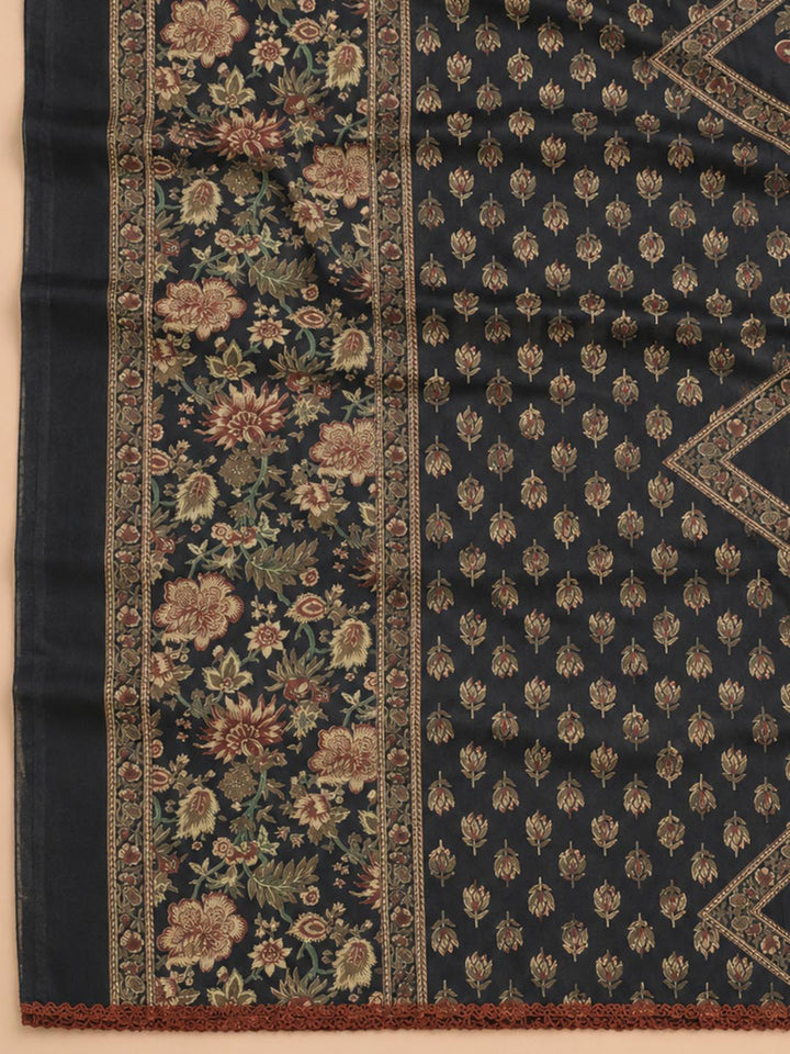 Black Embroidered Cotton Blend Unstitched Suit &amp; Pant With Cotton Dupatta