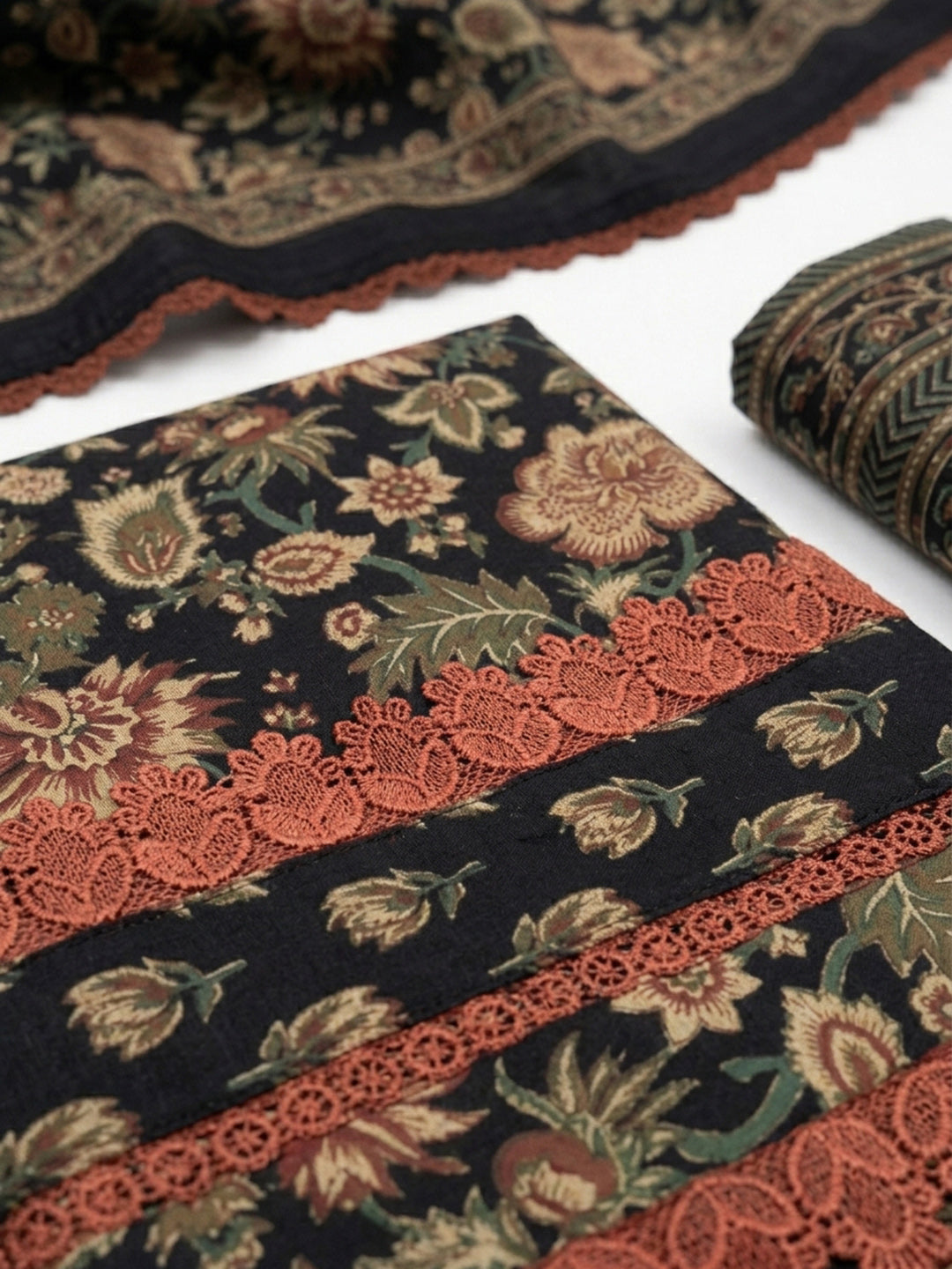 Black Embroidered Cotton Blend Unstitched Suit &amp; Pant With Cotton Dupatta
