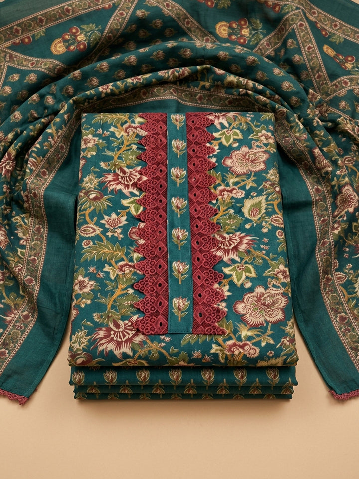 Green Embroidered Cotton Blend Unstitched Suit &amp; Pant With Cotton Dupatta