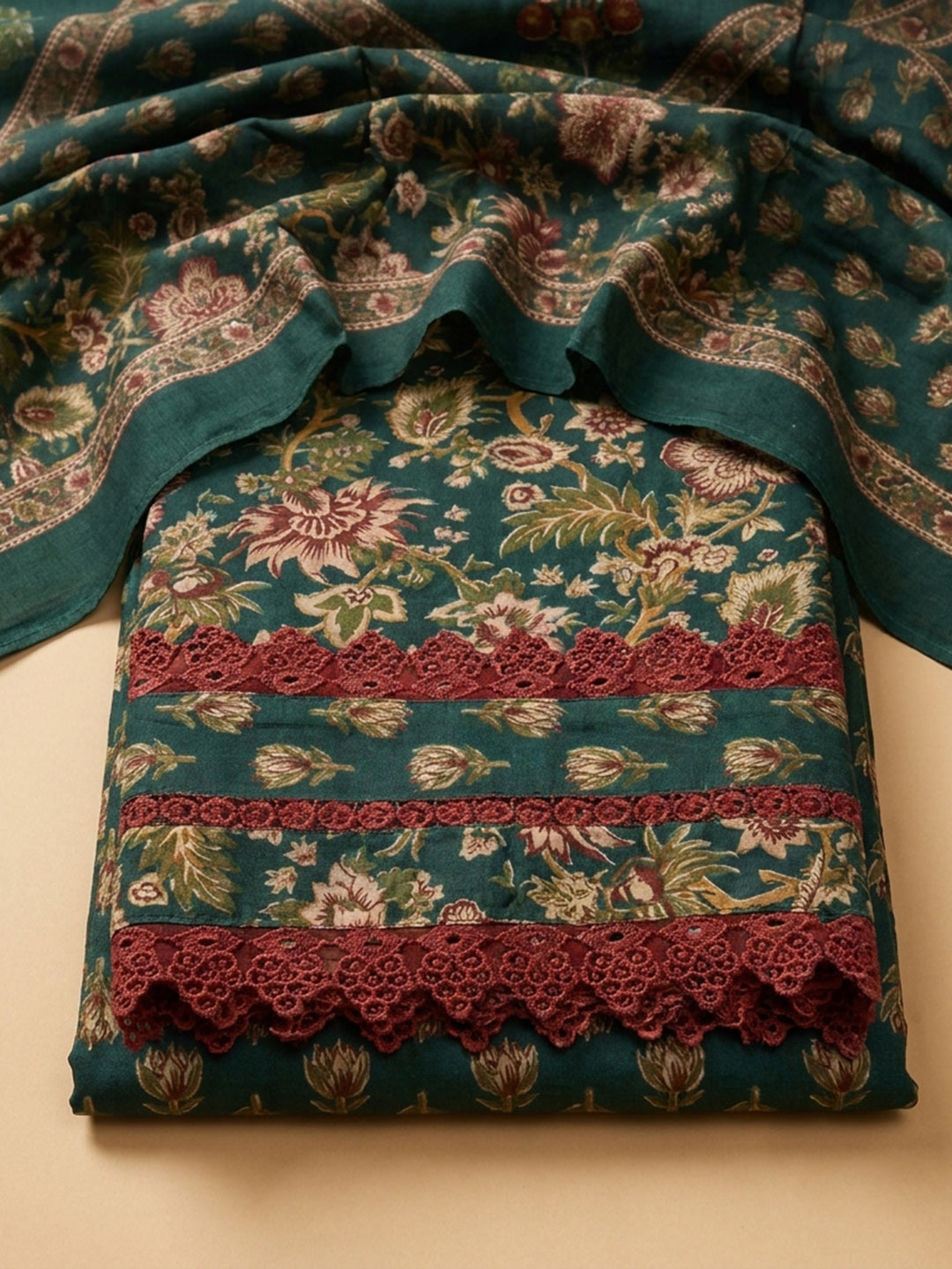 Green Embroidered Cotton Blend Unstitched Suit &amp; Pant With Cotton Dupatta