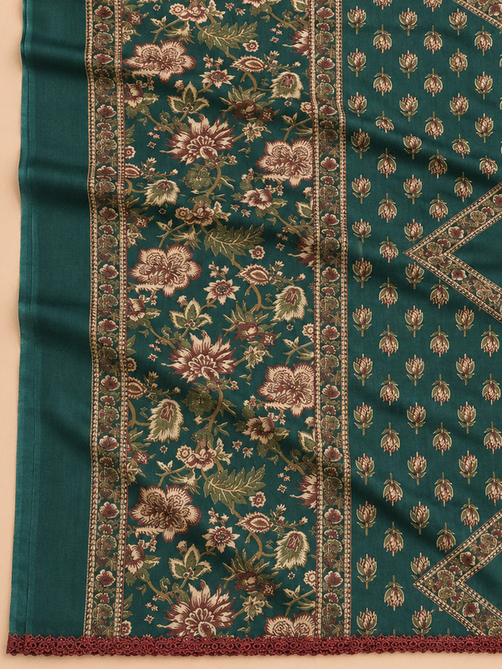 Green Embroidered Cotton Blend Unstitched Suit &amp; Pant With Cotton Dupatta