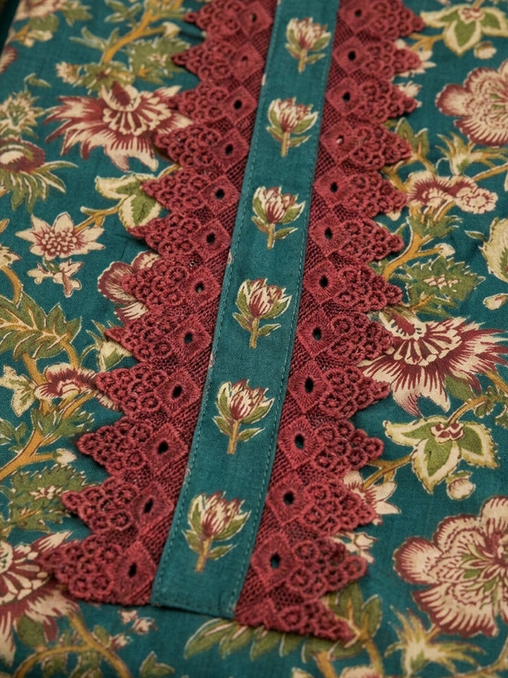 Green Embroidered Cotton Blend Unstitched Suit &amp; Pant With Cotton Dupatta