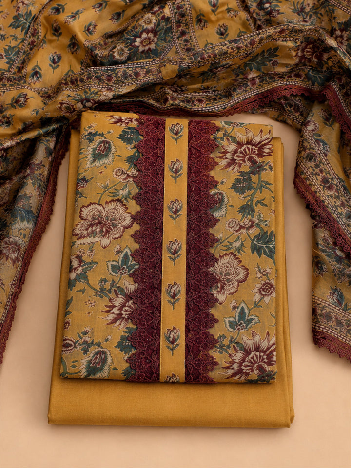 Mustard Embroidered Cotton Blend Unstitched Suit &amp; Pant With Cotton Dupatta