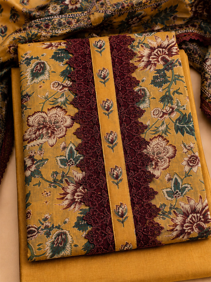 Mustard Embroidered Cotton Blend Unstitched Suit &amp; Pant With Cotton Dupatta
