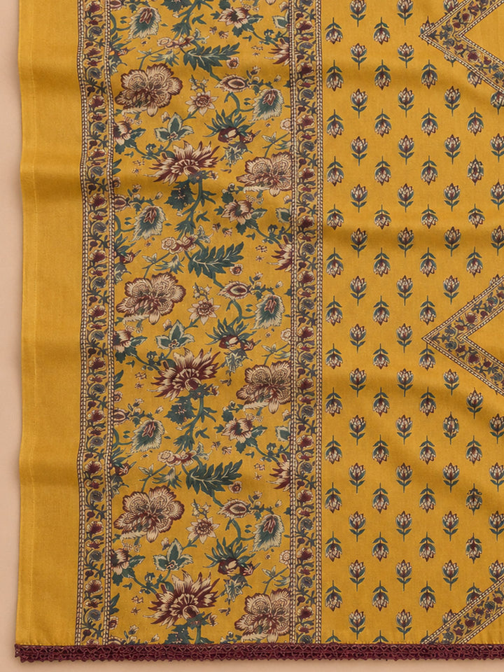 Mustard Embroidered Cotton Blend Unstitched Suit &amp; Pant With Cotton Dupatta