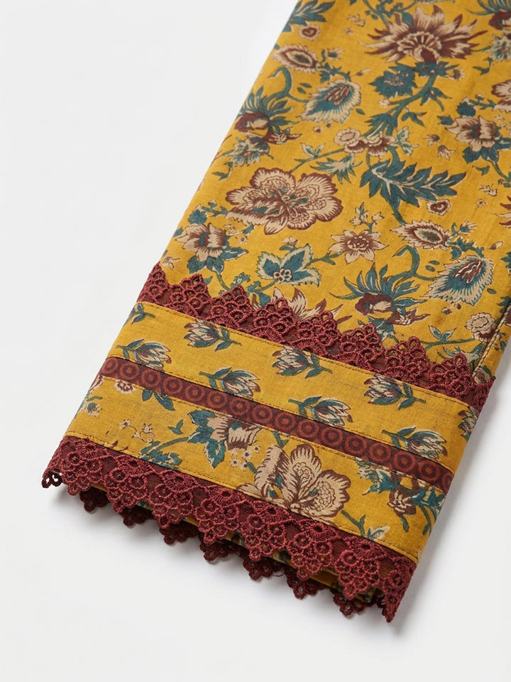 Mustard Embroidered Cotton Blend Unstitched Suit &amp; Pant With Cotton Dupatta