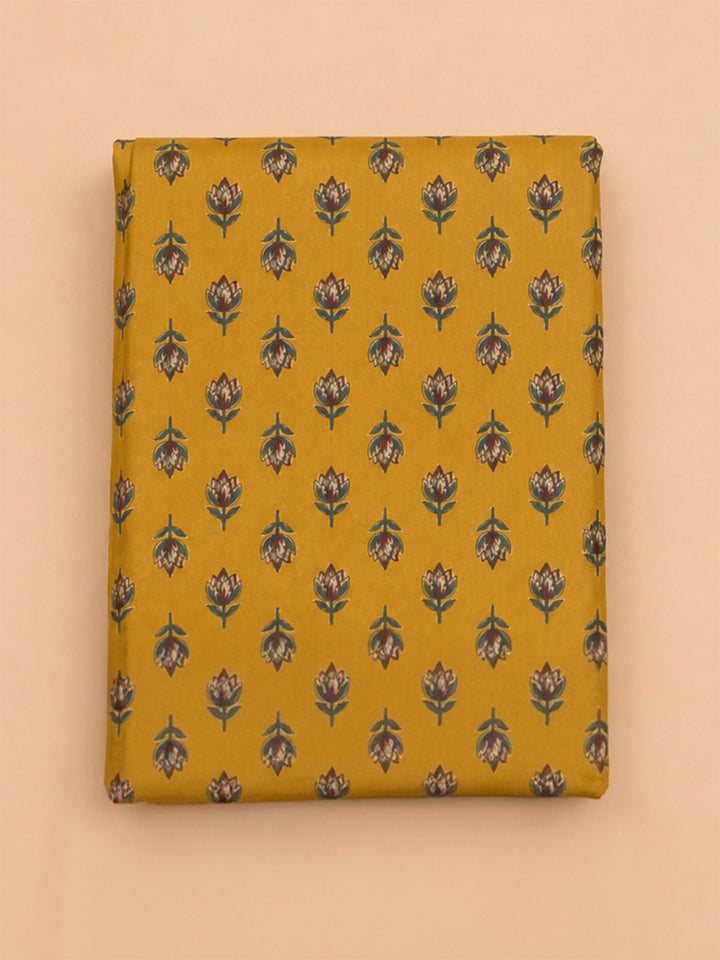 Mustard Embroidered Cotton Blend Unstitched Suit &amp; Pant With Cotton Dupatta