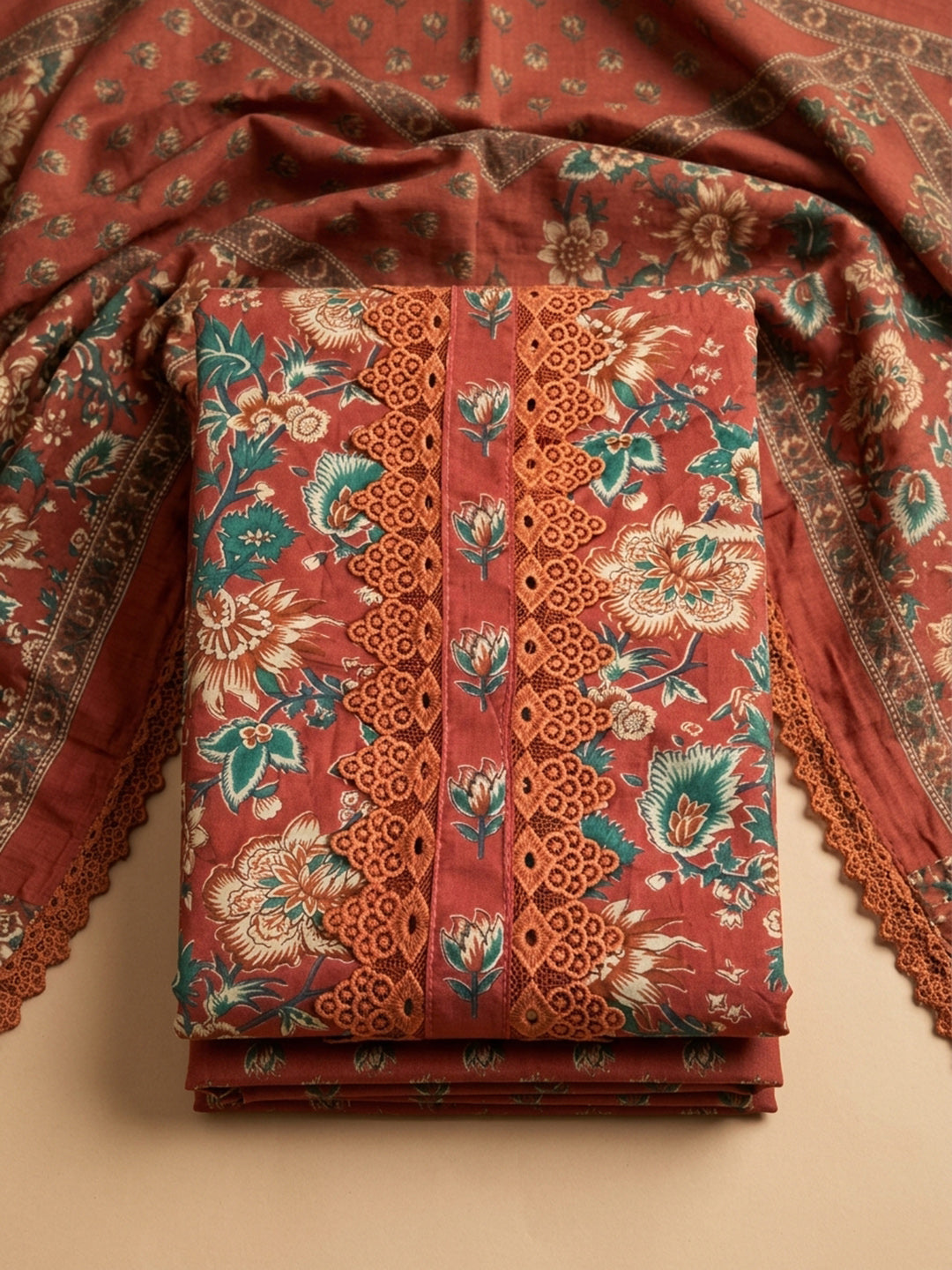 Red Embroidered Cotton Blend Unstitched Suit &amp; Pant With Cotton Dupatta