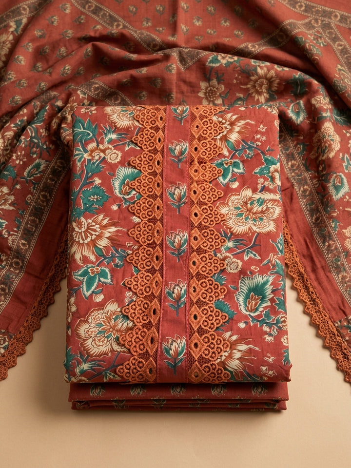 Red Embroidered Cotton Blend Unstitched Suit &amp; Pant With Cotton Dupatta