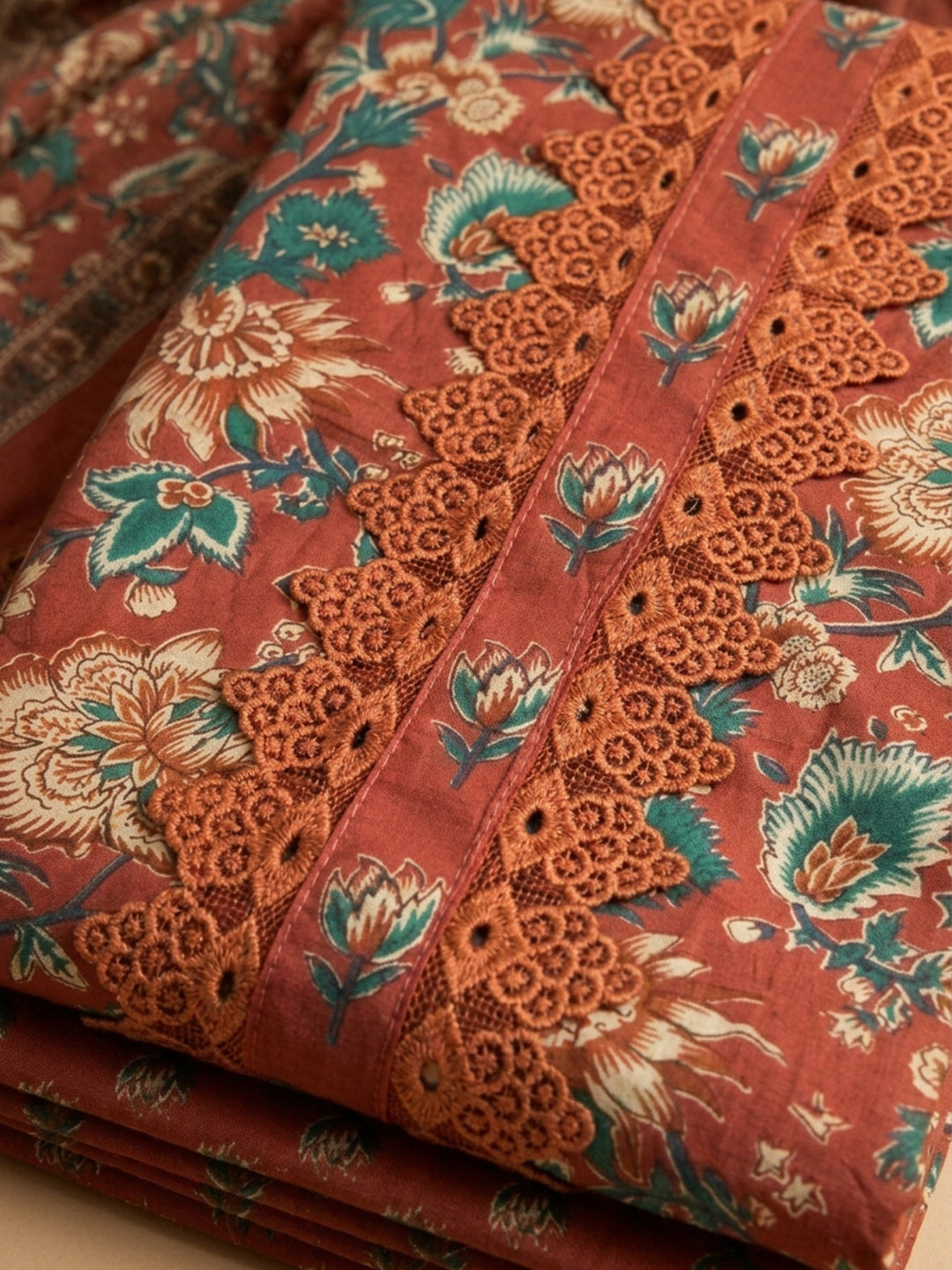 Red Embroidered Cotton Blend Unstitched Suit &amp; Pant With Cotton Dupatta