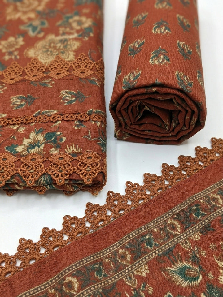 Red Embroidered Cotton Blend Unstitched Suit &amp; Pant With Cotton Dupatta