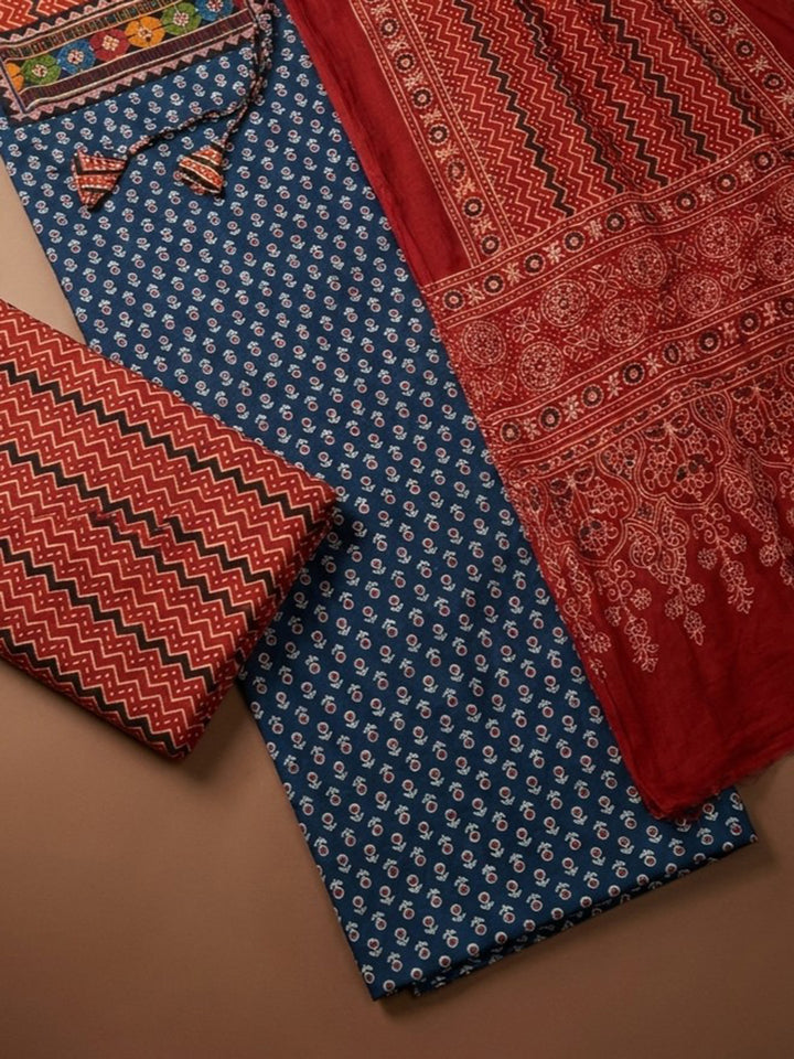 Blue Printed Cotton Blend Unstitched Dress Material