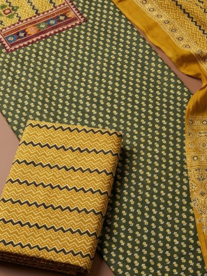 Green Printed Cotton Blend Unstitched Dress Material