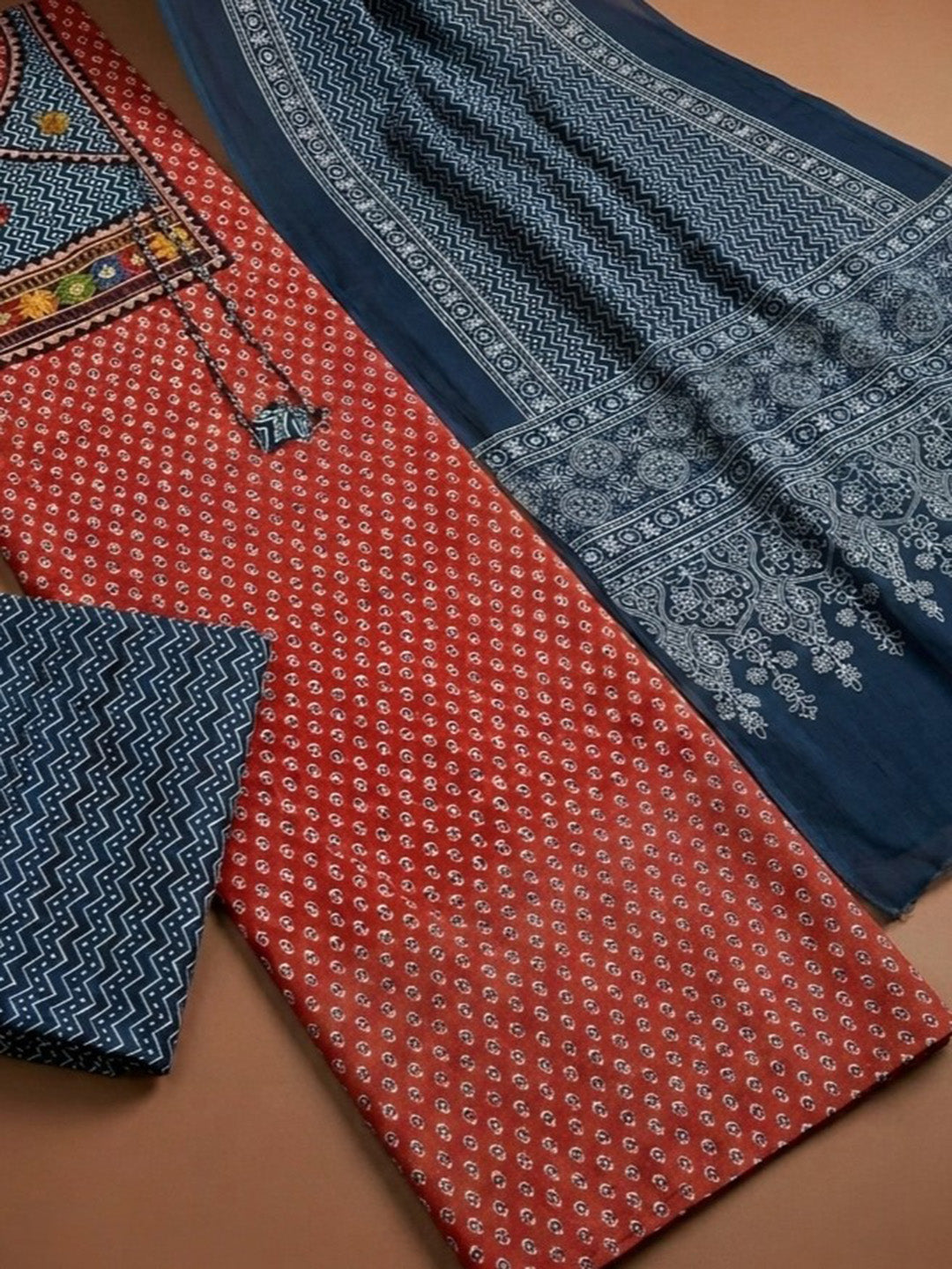 Red Printed Cotton Blend Unstitched Dress Material